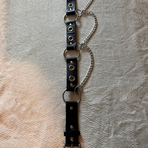 Accessories - Black Leather Belt with Silver Chains and Gold Accents